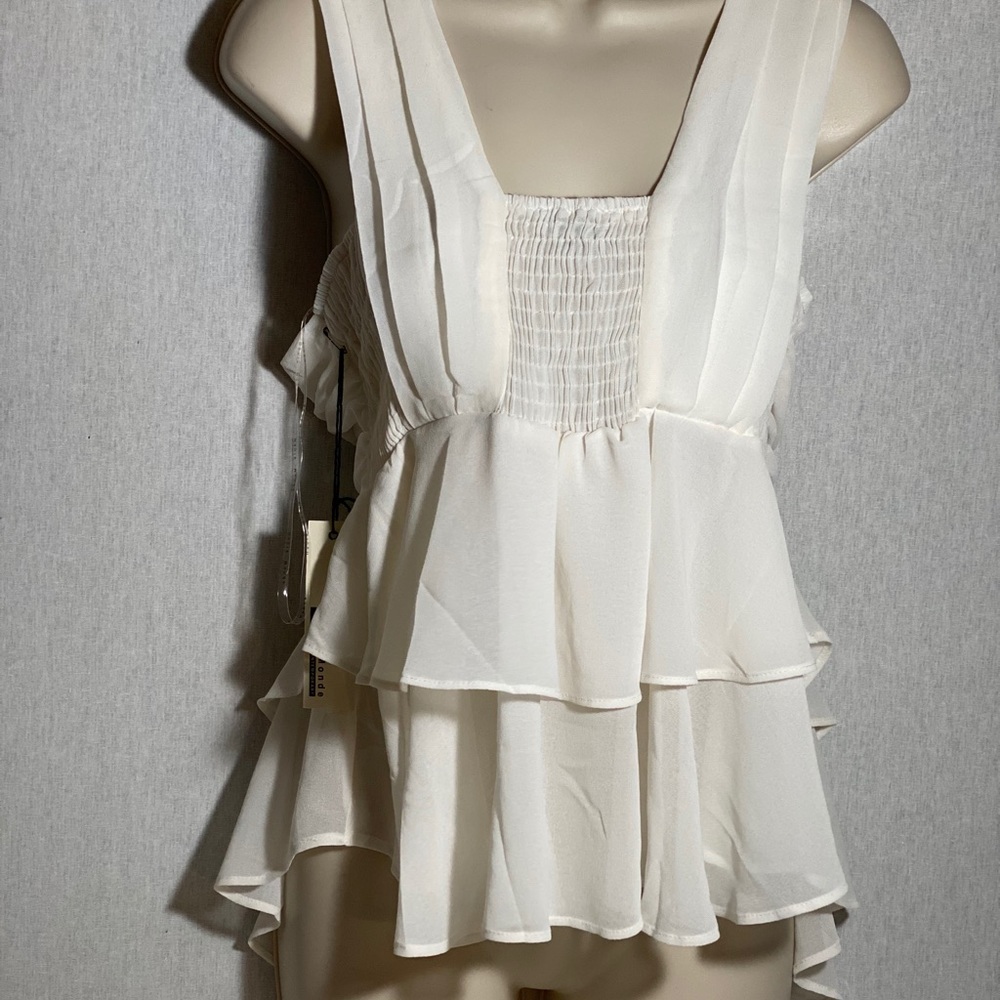 Haute M White Chiffon Tiered Ruffle Top Smocked Bodice Sleeveless Medium halter